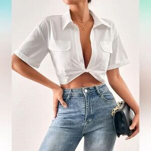 Micas Trendy White Crop Shirt‎ Button-Up Collared Short Sleeve Summer Top Size S